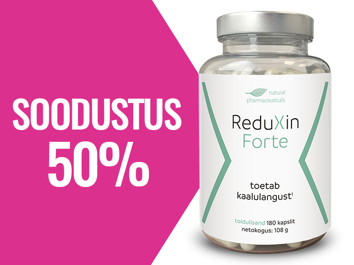 Natural Pharmaceuticals ReduXin® Forte Toidulisand „ReduXin® Forte” läbipaistvas pakendis valge sildiga. Vasakul pool roosa taust ja suur valge kiri: „SOODUSTUS 50%”. Pudelil on märge: „toetab kaalulangust”, 180 kapslit, netomass: 108 g.