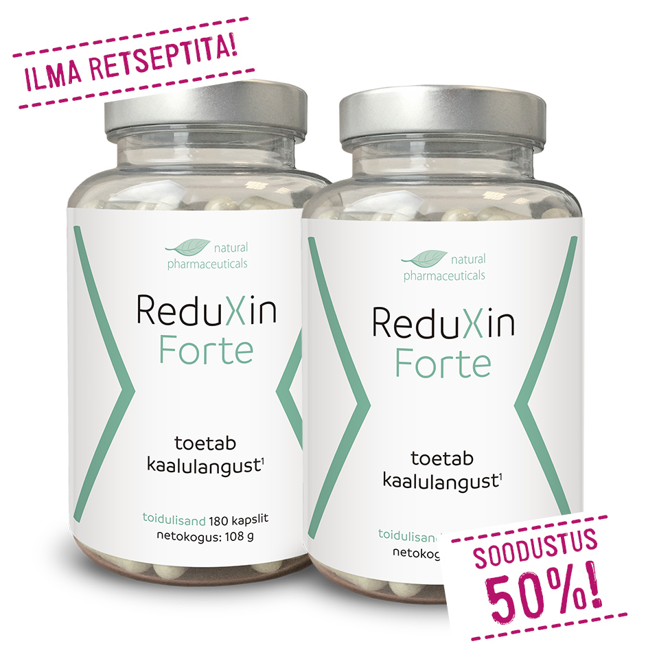 Natural Pharmaceuticals ReduXin Forte Kaks pakendit toidulisandit „ReduXin Forte”, iga pakend sisaldab 180 kapslit (netokogus: 108 g). Etiketil on märge „toetab kaalulangust”. Vasakul ülemises nurgas on valgel taustal roosa raamiga märge „ILMA RETSEPTITA!” ja paremal alumises nurgas „SOODUSTUS 50%!”.